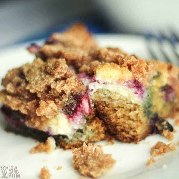 Close-up of blueberry low carb gluten free coffee cake on plate
