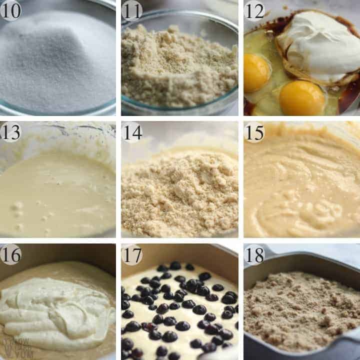 Final steps to make a blueberry low carb gluten free coffee cake. 