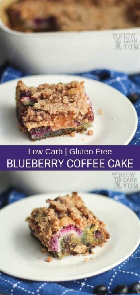 Keto low carb gluten free blueberry coffee cake. #lowcarb #keto #ketorecipes #glutenfree #coffeecake #lowsugar #weightwatchers #ketosnack #Atkins | LowCarbYum.com