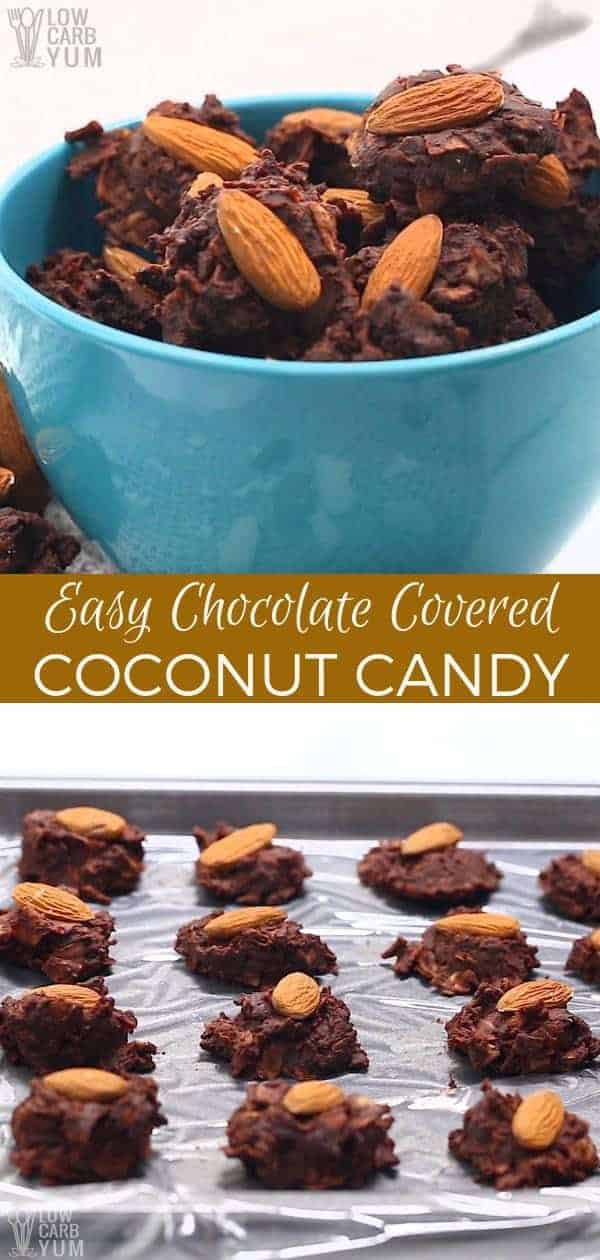 Tasty almond topped low carb candy bites. This simple chocolate covered coconut candy recipe is an easy to make treat for those on a sugar free diet. #lowcarb #keto #lowcarbrecipes #ketorecipes #lowcarbdesserts #ketodesserts #candy #coconut #weightwatchers #Atkins| LowCarbYum.com
