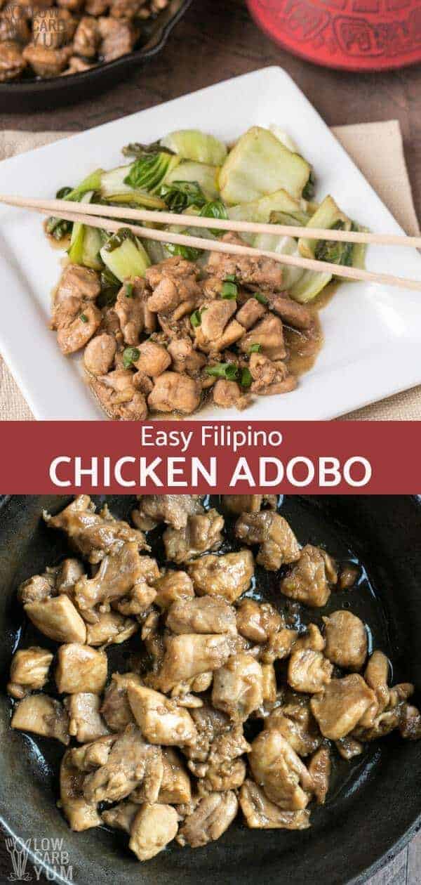 Filipino chicken adobo makes a delicious low carb dish. The meat is cooked in a tangy mix of cider vinegar, soy sauce and garlic. It's a family favorite! #FilipinoFood #chickenrecipe #easyrecipe #ketodinner #lowcarbmeal #ketorecipes | LowCarbYum.com