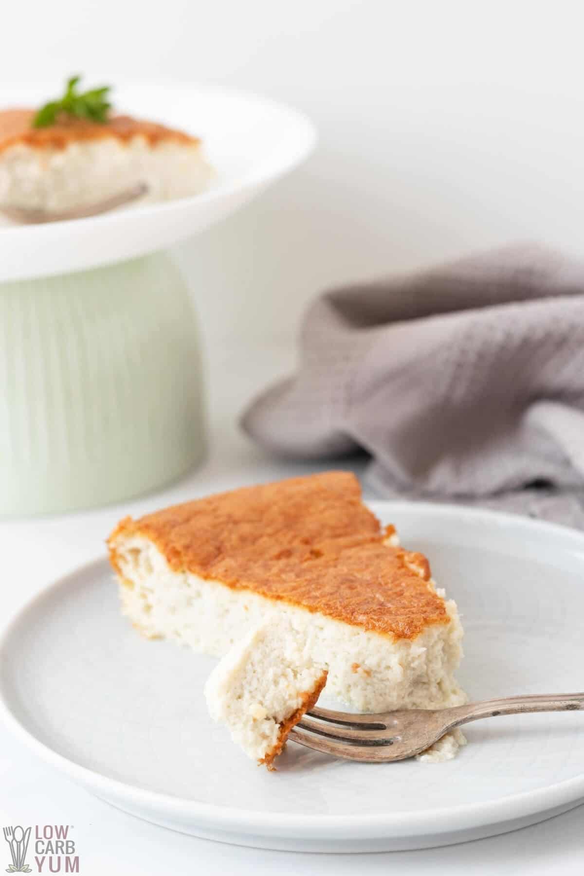 keto crustless egg custard pie on plate with slice in background