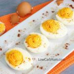 low carb deviled eggs on platter with egg shell