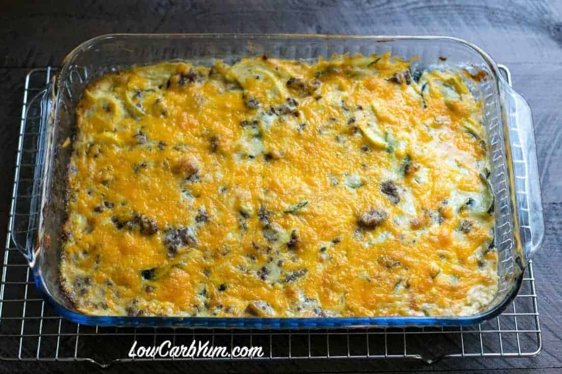 low carb gluten free squash casserole with cheese in pan