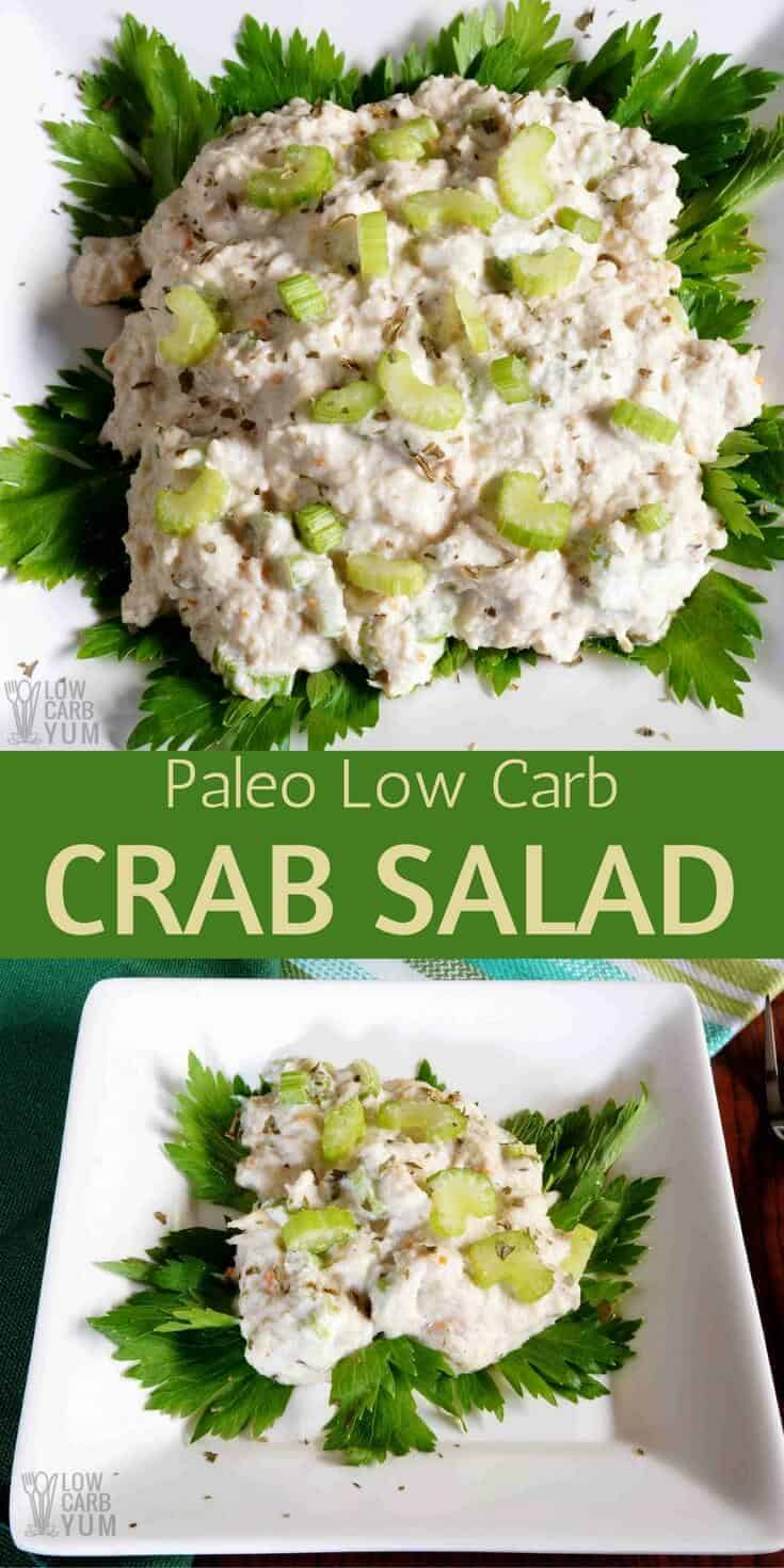 This tasty paleo low carb crab salad has the usual spices. But, there's a hint of natural stevia sweetener added to enhance the flavor. #paleo #lowcarb #crabsalad #seafood #lowcarbrecipe | LowCarbYum.com