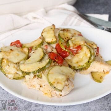 chicken and zucchini casserole bake serving on white plate