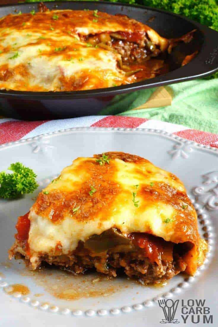 Hamburger pie casserole sliced on a white plate