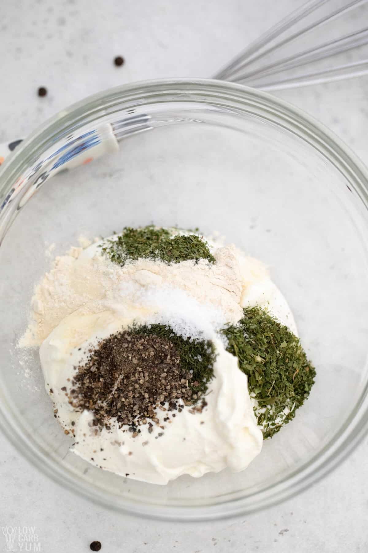 keto veggie dip ingredients in glass mixing bowl