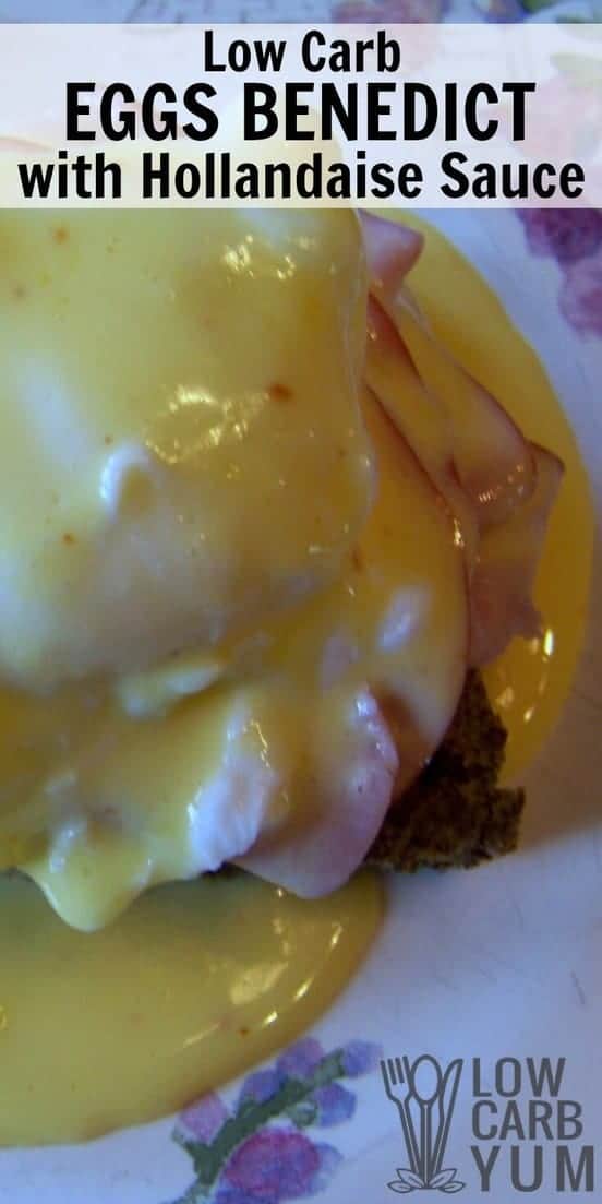 It's easy to make a low carb Eggs Benedict by replacing the English muffin. This version uses a quick to prepare low carb Hollandaise sauce and bread. | LowCarbYum.com