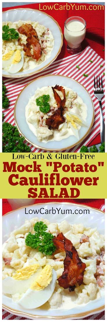 A mock low carb potato salad made with cauliflower. It's the perfect dish to bring to a summer potluck picnic for those watching their carbs. | LowCarbYum.com