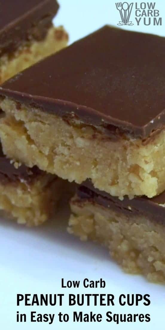The flavor of low carb peanut butter cups in easy to make squares. Forget the molds and save time by making this popular candy in bar form. | LowCarbYum.com