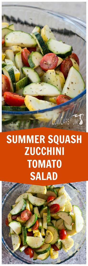A stevia sweetened dressing coats vegetables in this simple zucchini and squash salad. This is a great potluck dish to show off your summer garden crop. | LowCarbYum.com