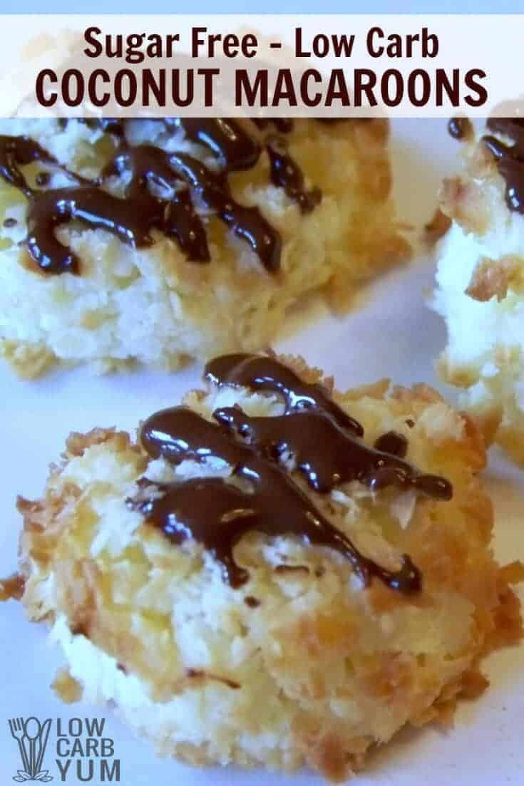 Soft sugar free low carb coconut macaroons are perfect bite sized treats. Drizzle these gluten free cookies with chocolate for more decadence. | LowCarbYum.com