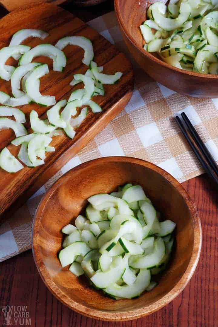 This keto Sunomono Japanese cucumber salad is served in a wooden bowl