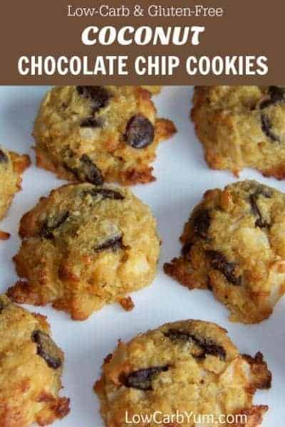 Soft and chewy low carb coconut chocolate chip cookies. These gluten free cookies are made with coconut flour and sweetened with stevia and erythritol. | LowCarbYum.com