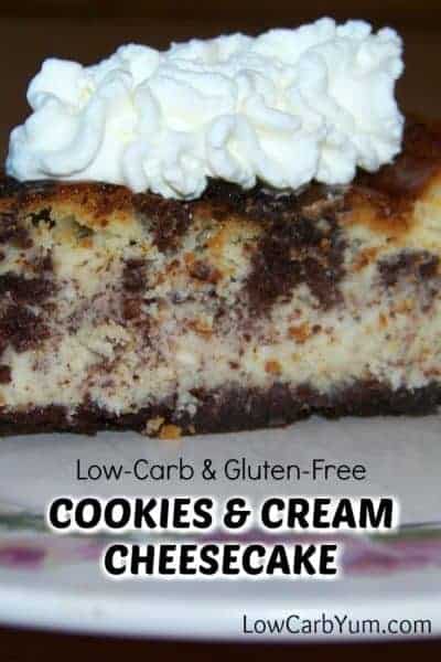 This yummy low carb cookies and cream cheesecake is made with gluten free biscotti cookies. Tastes great topped with whipped cream. #glutenfree #glutenfreedessert #cheesecake #glutenfreecheesecake #lowcarb #lowcarbdessert #lowcarbcheesecake | LowCarbYum.com