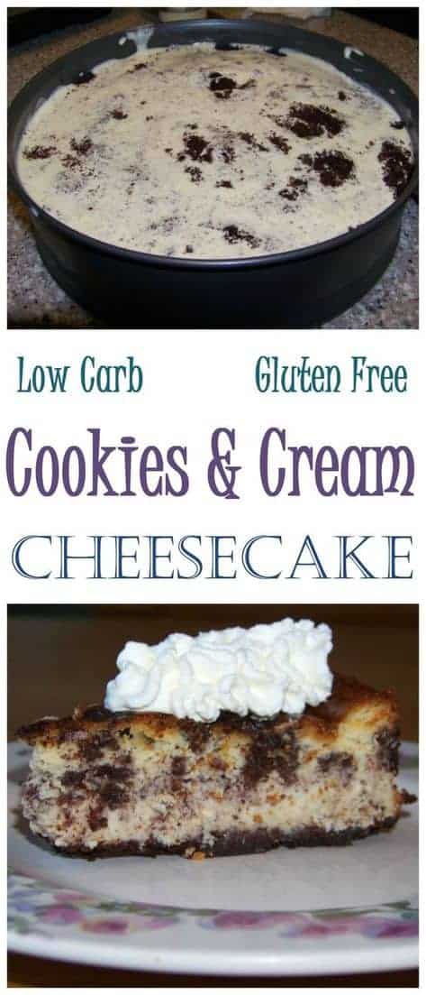 This yummy low carb cookies and cream cheesecake is made with gluten free biscotti cookies. Tastes great topped with whipped cream.