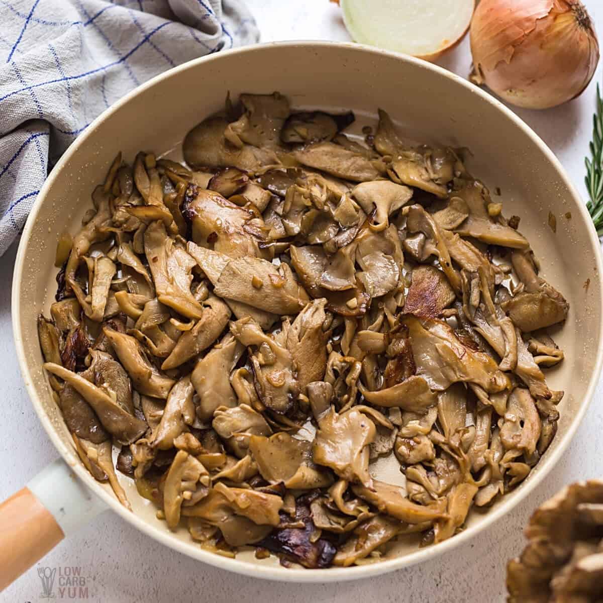 browned maitake mushrooms in skillet