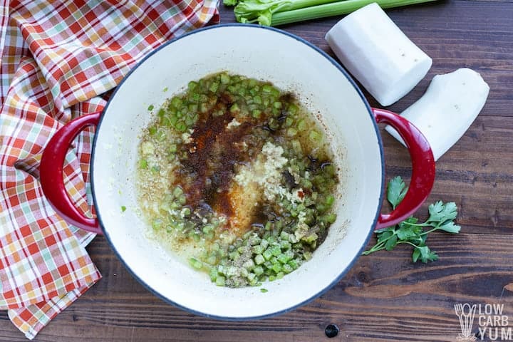 celery and seasonings in pot