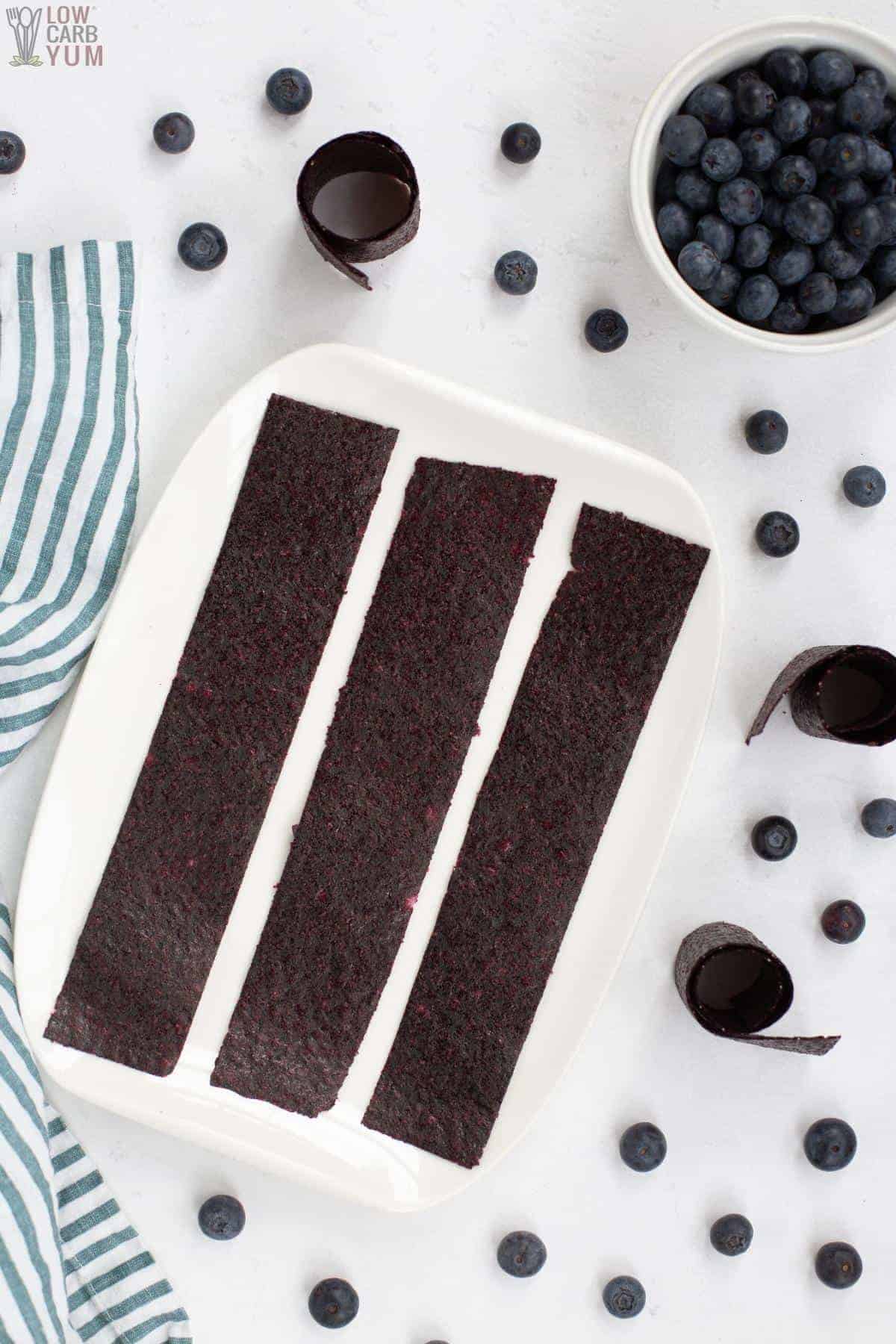 blueberry fruit leather strips.