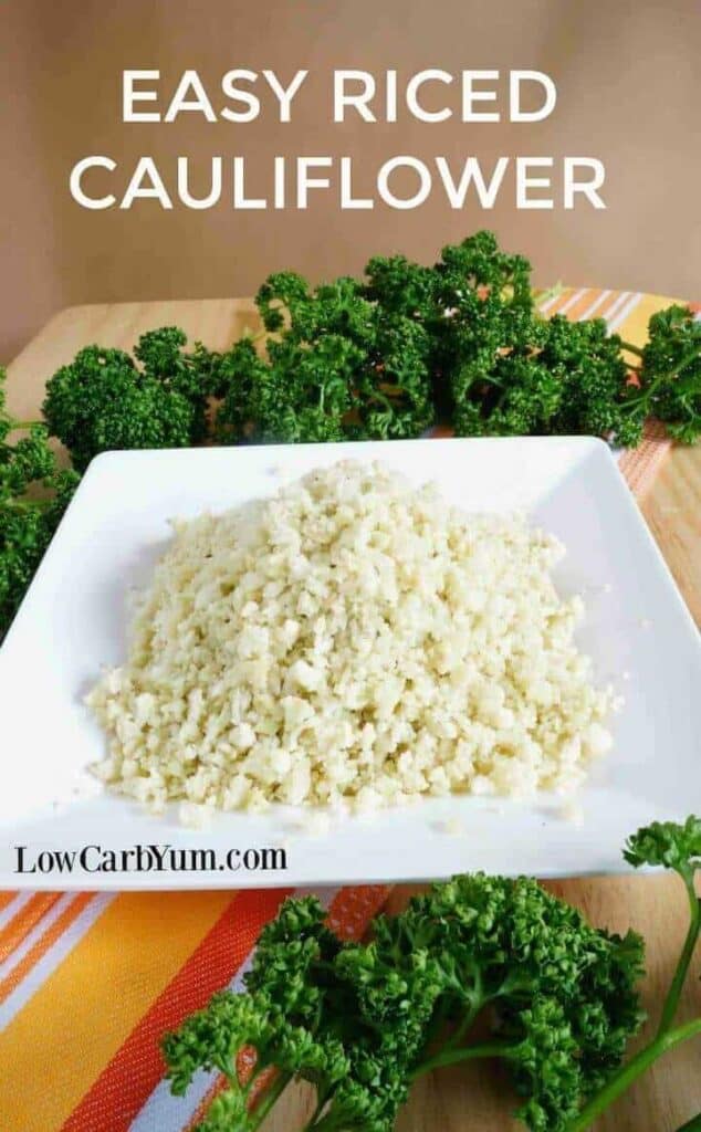 Easy riced cauliflower on plate with greenery