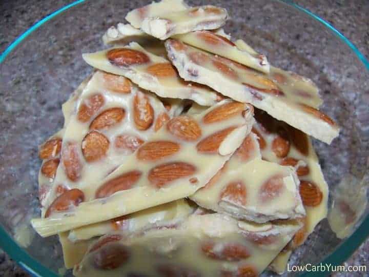 keto white chocolate almond bark in bowl