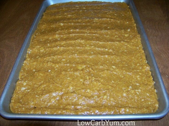 Low carb pumpkin bars raw batter spread in pan