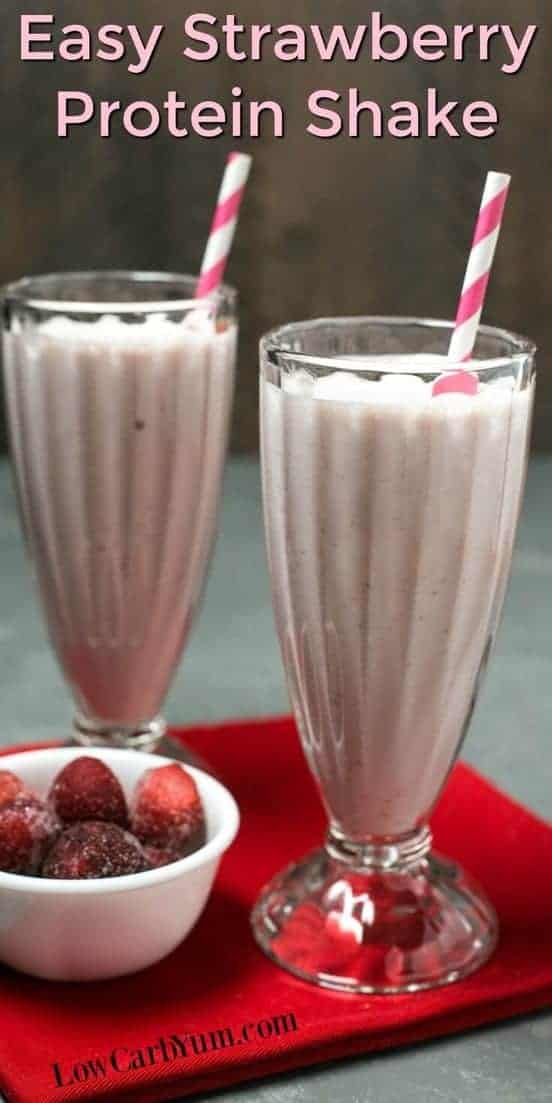 A low carb strawberry protein shake made with frozen berries, yogurt, protein powder, and almond milk. It's sweetened with stevia, an all natural sweetener. | LowCarbYum.com