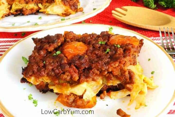 closeup of beef cabbage casserole on plate
