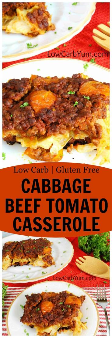 A simple low carb cabbage beef casserole with tomato. This recipe bakes up in the oven so it can be prepared ahead and heated up just before serving. | LowCarbYum.com
