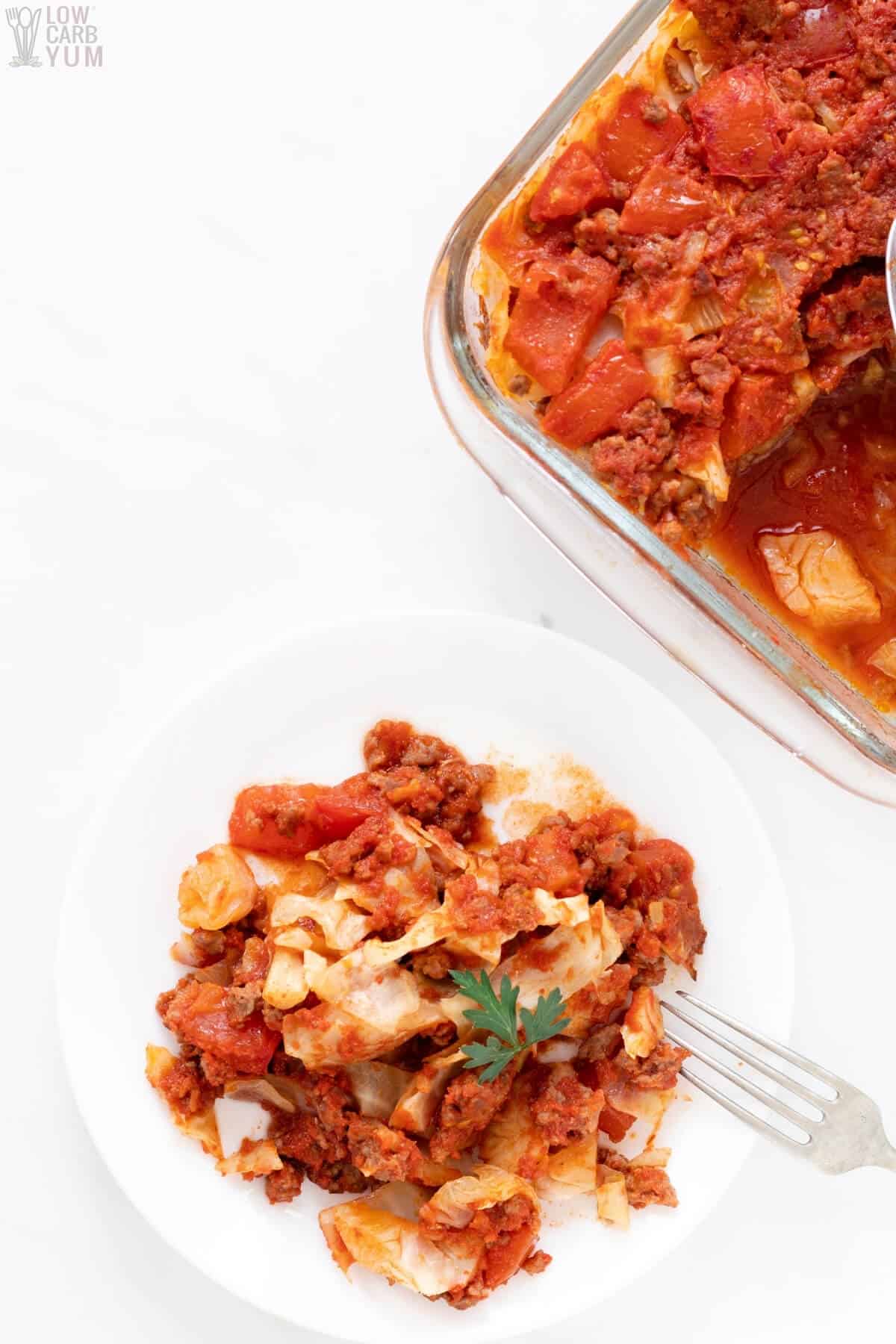 ground beef and cabbage casserole on plate and in baking dish