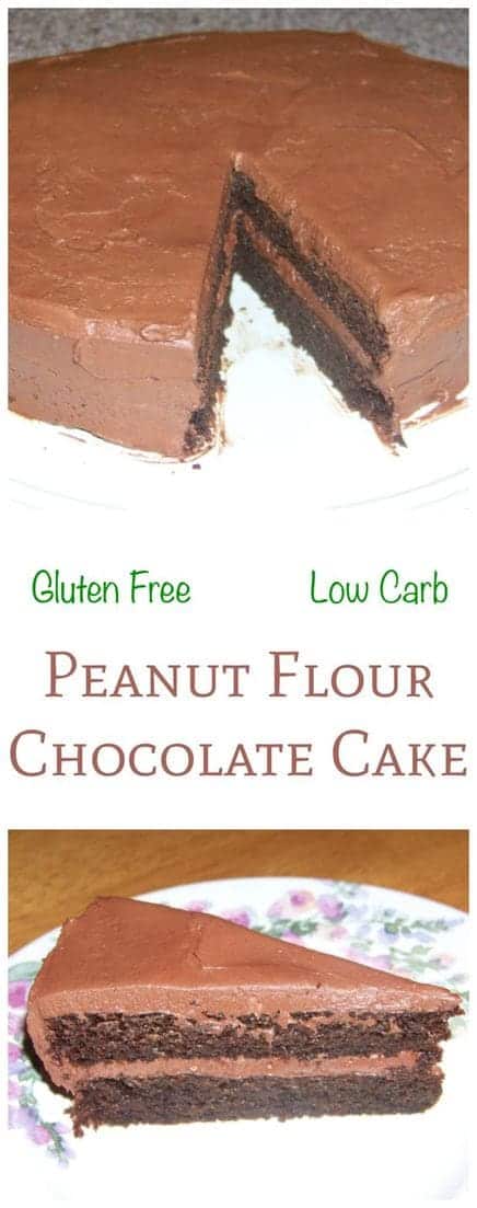 One of the most amazing peanut flour recipes, a rich low carb chocolate cake. This gluten free cake is topped with a sugar free buttercream frosting. | LowCarbYum.com
