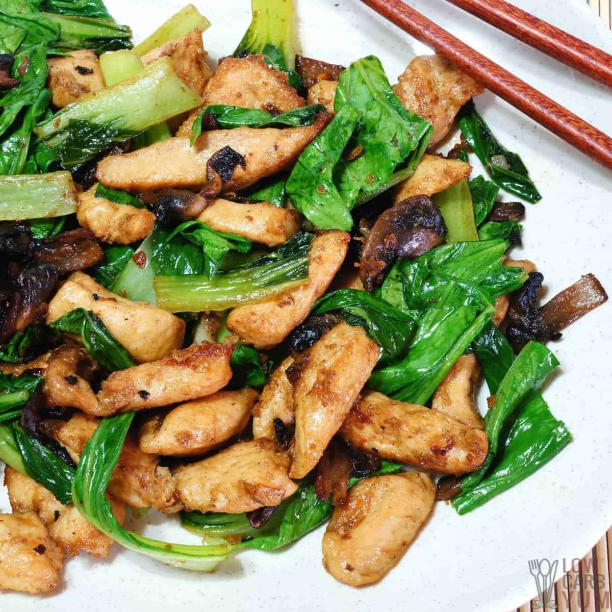 chicken bok choy stir fry close up.