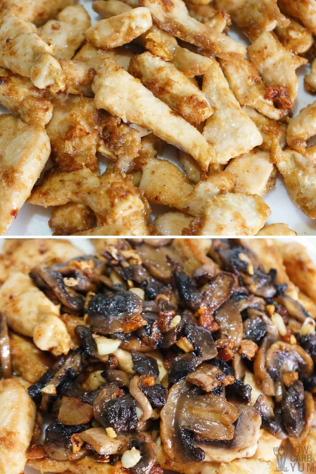 cooked chicken and mushrooms with garlic.