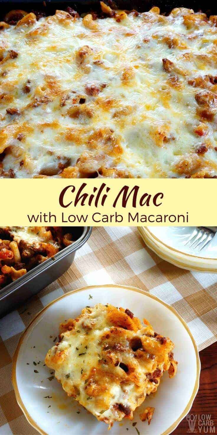 A spicy ground beef and pasta casserole that can be made with any pasta. But to cut carbs, this chili mac recipe used low carb macaroni. #pasta #chili #lowcarbdish #lowcarb #delicious | LowCarbYum.com