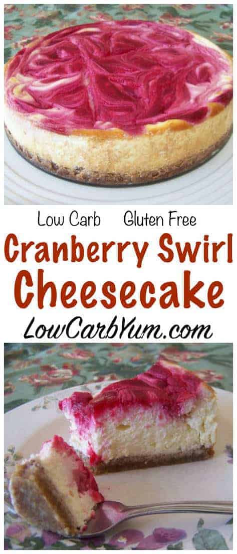 A low carb and gluten free cranberry swirl cheesecake that's easy to prepare and looks fabulous. It adds a pretty festive color to a LCHF Keto holiday dessert table. #lowcarb #keto #ketorecipes #sugarfree #glutenfree #cranberry #cheesecake | LowCarbYum.com
