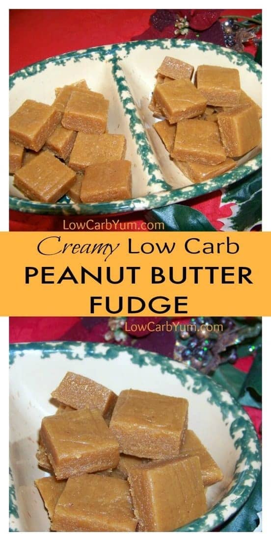 A healthy peanut butter fudge that's low sugar and safe for diabetics. It's sweetened with a mix of natural based low carb sweeteners. #lowcarb #sugarfree #peanutbutter #fudge #lowcarbdessert #sugarfreedessert | LowCarbYum.com
