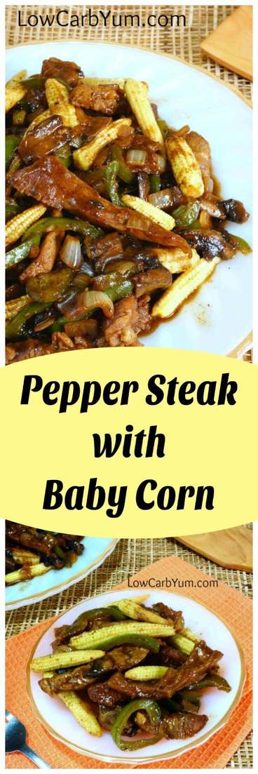 A quick and easy pepper steak low carb beef stir fry dinner with optional baby corn. It's a simple meal that great for busy weeknights. | LowCarbYum.com