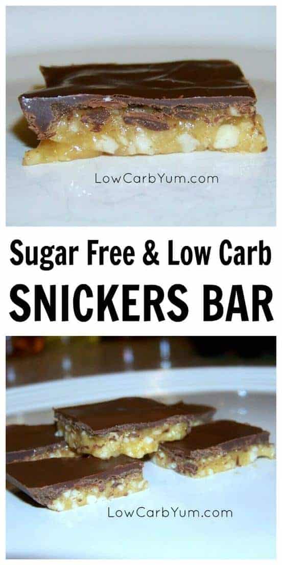 A sugar free Snickers bar recipe that makes delicious low carb candy that can be enjoyed without guilt. Layering in a baking pan makes it quick and easy. #lowcarb #keto #sugarfree #sugarfreerecipes #sugarfreedessert #ketodesserts #ketorecipes #lowcarbdesserts | LowCarbYum.com