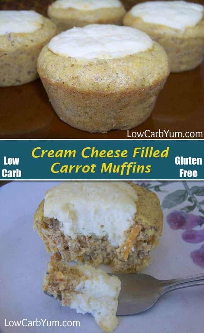 These low carb carrot cake cream cheese muffins are super delicious. They are like having cheesecake surrounded by a yummy gluten free carrot muffin. | lowcarbyum.com
