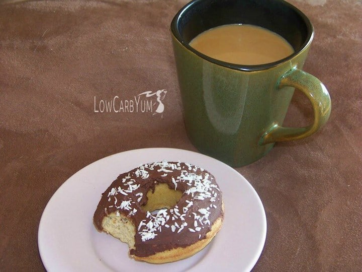 Low carb gluten free chocolate iced coconut donuts
