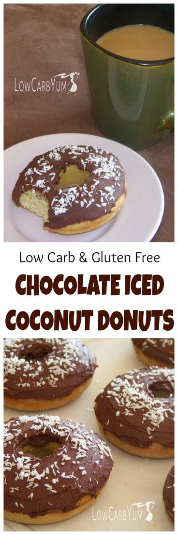Low carb donuts are a special treat that will make you feel like you are cheating. These chocolate iced coconut donuts are the best I have made so far. They are also gluten free.