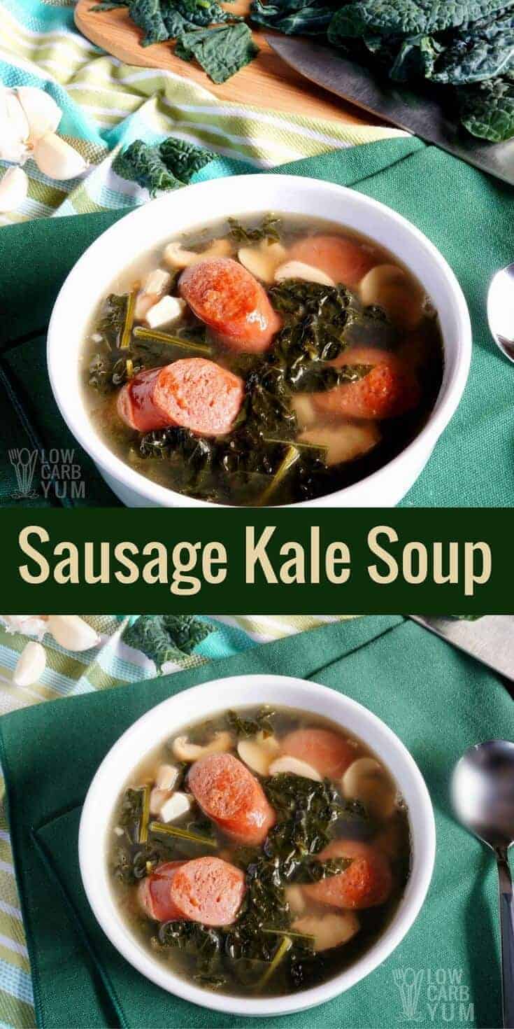 This low carb keto sausage kale soup with mushroom recipe is cooked in a chicken bone broth base. It makes a quick heartwarming meal. #lowcarb #keto #ketorecipe | LowCarbYum.com