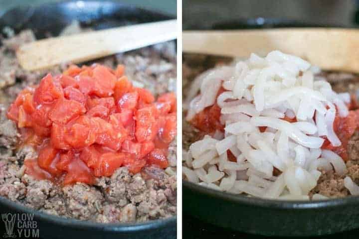 adding tomatoes and shiratake noodles