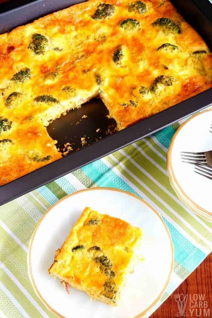 Low carb broccoli egg casserole with bacon and cheese sliced