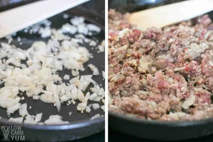 cooking onion and sausage