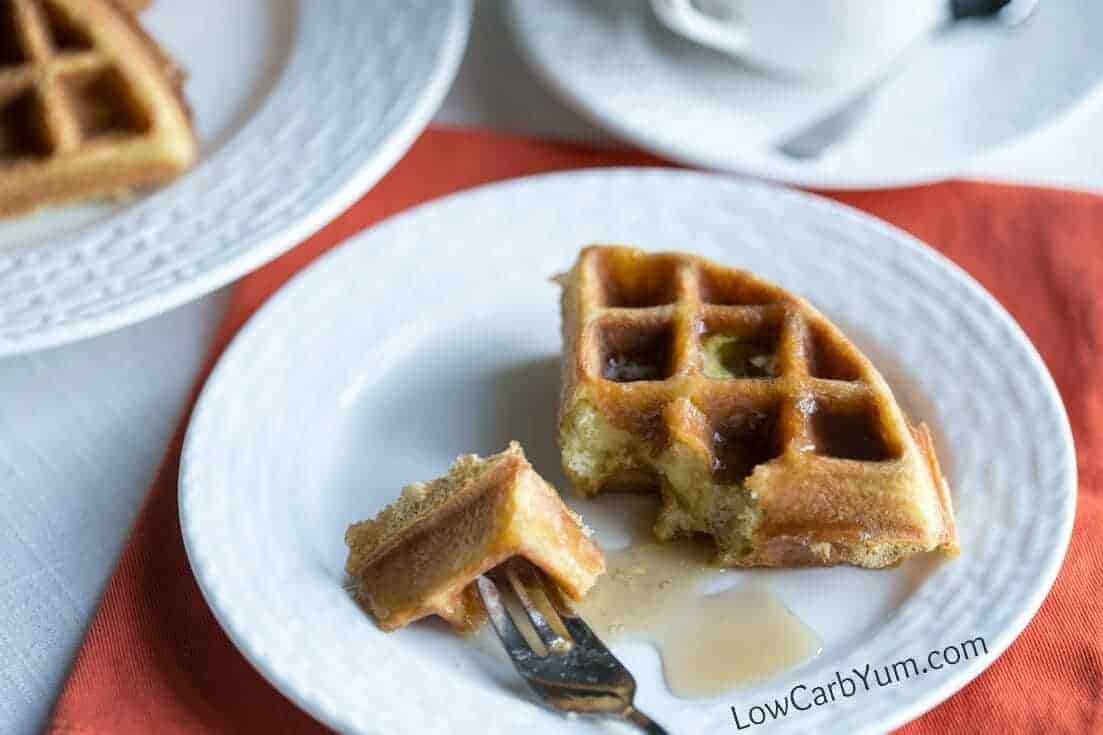 coconut flour waffle fork bite with syrup