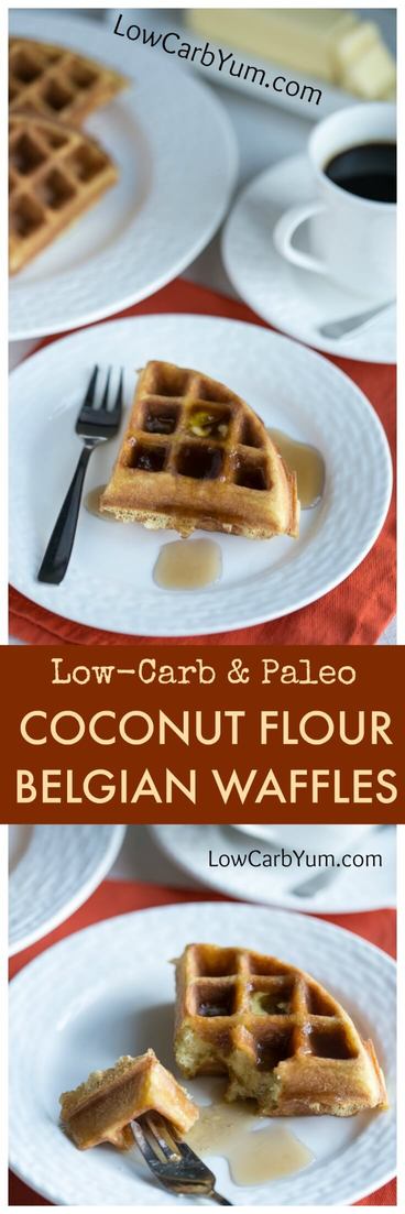 Scrumptious low carb paleo coconut flour waffles are easy to make. Just mix up the ingredients in a blender then pour in a Belgian waffle maker. | lowcarbyum.com