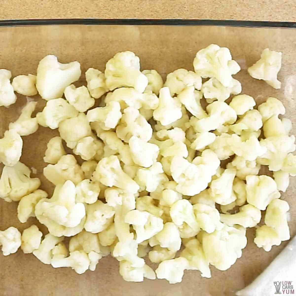 cooked cauliflower in casserole pan.