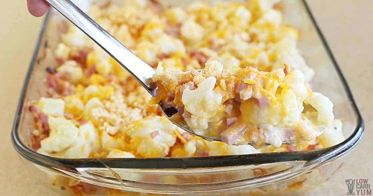 large spoonful of cauliflower and ham casserole.